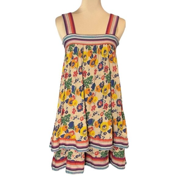 WARM NY Babydoll Mini Dress Sz.XS Tiered Floral Smocked Back Sundress Boho - Picture 13 of 13